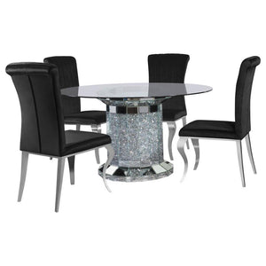 Invite over a few guests to celebrate at this modern glam dining table. A round, clear glass top reveals the scintillating column-inspired pedestal frame beneath, offering an open and airy look. Sparkling faux diamonds are encrusted within the base for a 