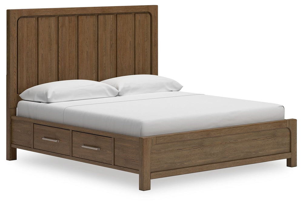 This king panel bed with storage sits comfortably at the intersection of modern lodge and farmhouse aesthetics. Your warm and welcoming disposition is reflected in its charming architectural elements and light brown glazed finish. Even with its poise, the