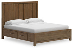 This king panel bed with storage sits comfortably at the intersection of modern lodge and farmhouse aesthetics. Your warm and welcoming disposition is reflected in its charming architectural elements and light brown glazed finish. Even with its poise, the