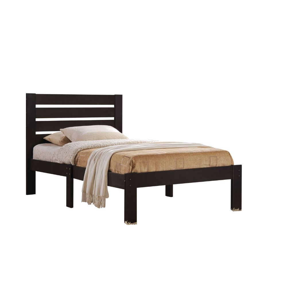 The Kenney bed creates a clean and casual look that will match any bedroom decor. Features wooden slatted headboard, low profile footboard, and is carefully crafted with selected wood and veneers. Box Spring not required.<br/><br/><b>Product Features</b><