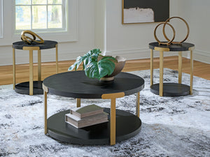  contemporary eye for design with this table set. Pairing a gleaming goldtone finish and black wood grain pattern