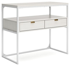 Bring your vision of a modern home workspace to life with this sleekly designed credenza. Its linear construction and white finish keep things minimal, while goldtone hardware on the two drawers adds subtle refinement. An open shelf rounds out the versati
