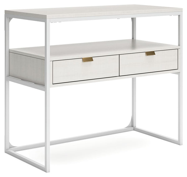 Bring your vision of a modern home workspace to life with this sleekly designed credenza. Its linear construction and white finish keep things minimal, while goldtone hardware on the two drawers adds subtle refinement. An open shelf rounds out the versati