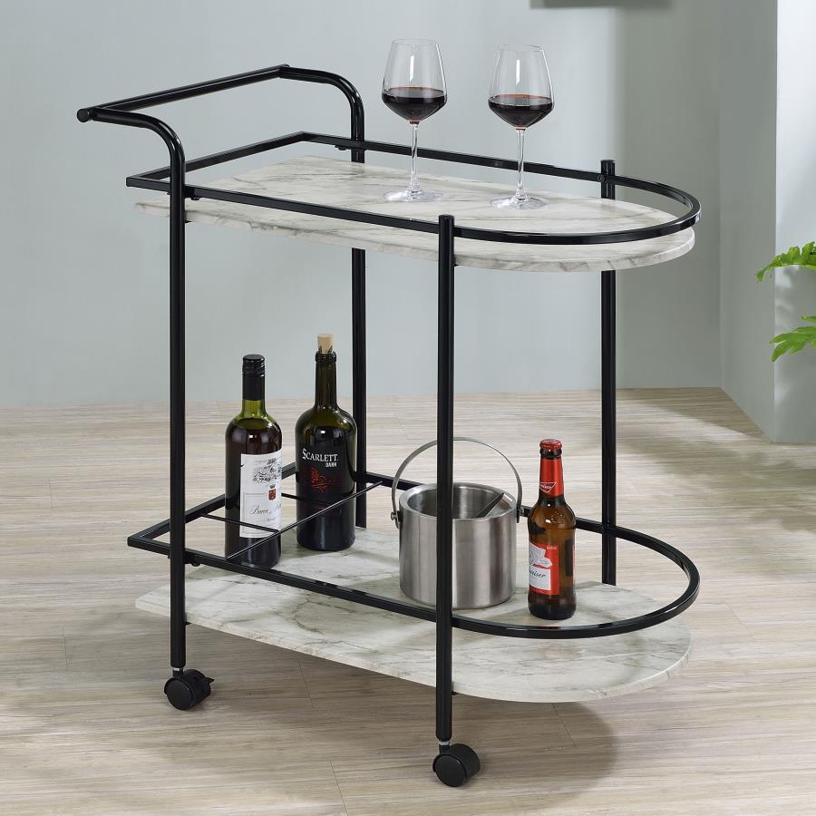 Invite guests over for an intimate soiree and serve up cocktails on this contemporary bar cart. Classic faux white marble shelves stack on top of one another, lending a traditional approach to its sleek modern silhouette. Rounded edges on one side add to 