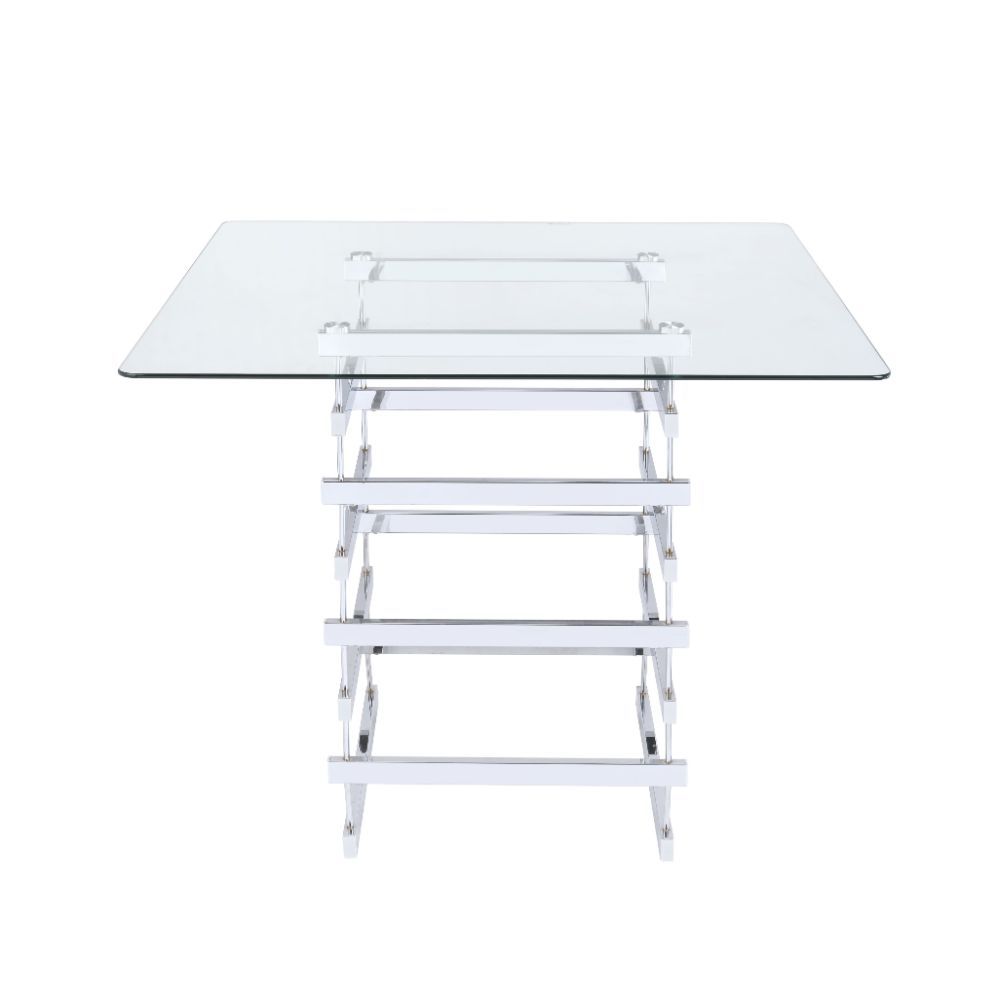 The Nadie counter height table features bold and light weight architectural lines. The chrome finished legs and stretchers create the implied sturdy box base, creating different patterns from all views. Contrasting with the 42-" square glass top, this din