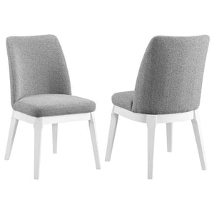 Instill a light, airy sensibility with a set of two modern dining chairs. Each side chair offers excellent comfort and support, complete with foam cushions and rubberwood framing. The set features a white finish over straight, splayed legs and an apron, c