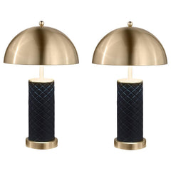 Bold and sculptural, this matching set of dome table lamps blends quilted texture with a sleek metallic finish. The rounded dome shades cast warm downward light, perfectly balanced atop cylindrical black bases wrapped in a quilted pattern for added depth.