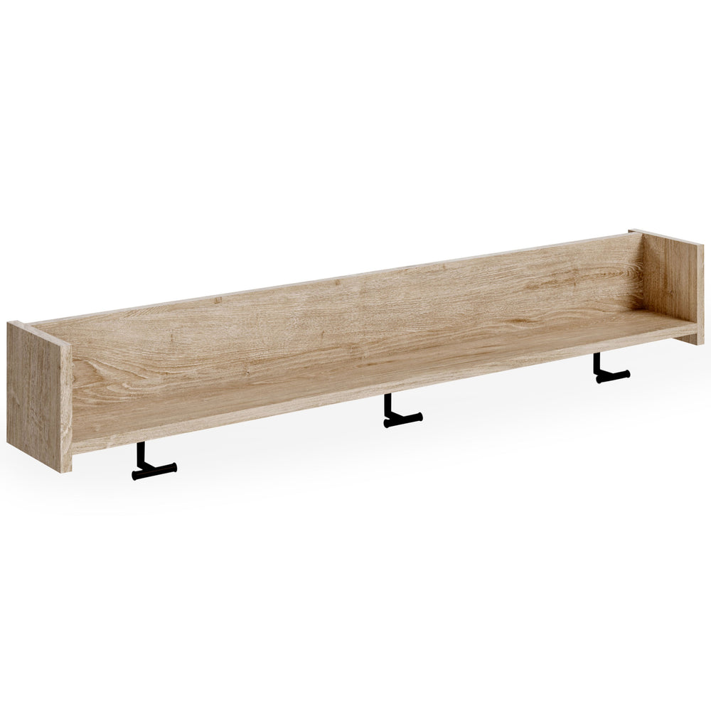This stylish and versatile wall-mounted coat rack is an ideal addition to your entryway or mudroom. It features an open shelf for easy access or display. A dry, light finish with replicated oak grain is accented with three brushed nickel-tone hooks for ha