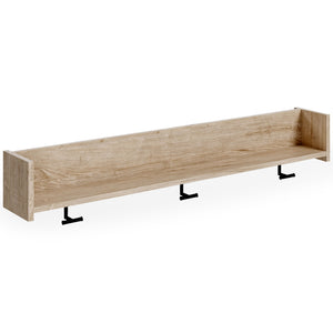 This stylish and versatile wall-mounted coat rack is an ideal addition to your entryway or mudroom. It features an open shelf for easy access or display. A dry, light finish with replicated oak grain is accented with three brushed nickel-tone hooks for ha
