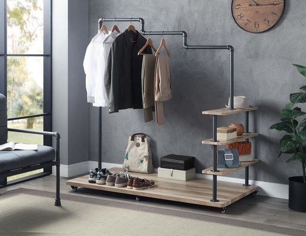 Brantley - Hanger Rack - Gray, Dark - 62-"<br/><br/><b>Product Features</b><ul><li>KD</li><li>Water Pipe Style</li><li>4 Tier Shelf</li><li>Wheels Included</li><li>Case: 1Pc/1Ctn</li><li>Finish: Oak & Sandy Gray Finish</li><li>Style: Industrial</li><li>Ma