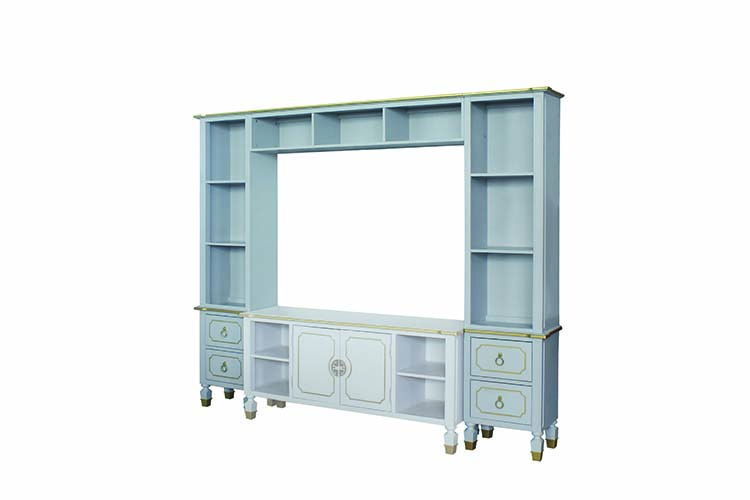 Creating the most expressive outlines, the House Marchese entertainment center meant to make a statement of sophistication. The pieces feature the wooden frame in pearl gray finish with golden trimmed accents, offering unmistakable discerning style. Elega