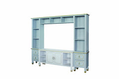 Creating the most expressive outlines, the House Marchese entertainment center meant to make a statement of sophistication. The pieces feature the wooden frame in pearl gray finish with golden trimmed accents, offering unmistakable discerning style. Elega