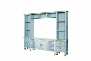 Creating the most expressive outlines, the House Marchese entertainment center meant to make a statement of sophistication. The pieces feature the wooden frame in pearl gray finish with golden trimmed accents, offering unmistakable discerning style. Elega