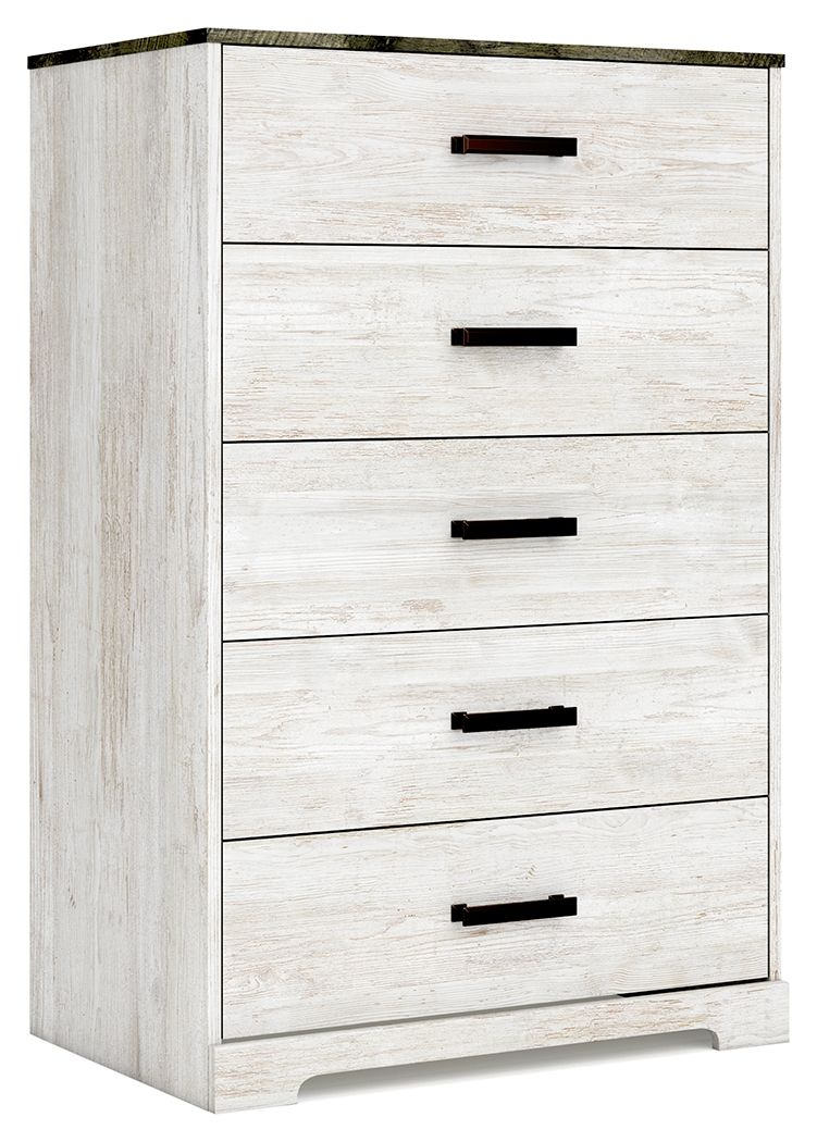 Give provincial a new meaning with the chic look of this chest of drawers. A two-tone finish keeps this piece light and fresh, while the warm pewter-tone hardware adds an industrial touch. The distressed whitewashed body adds a delightfully homespun charm