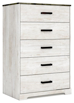 Give provincial a new meaning with the chic look of this chest of drawers. A two-tone finish keeps this piece light and fresh, while the warm pewter-tone hardware adds an industrial touch. The distressed whitewashed body adds a delightfully homespun charm