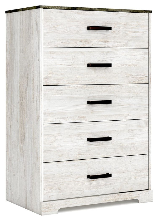 Give provincial a new meaning with the chic look of this chest of drawers. A two-tone finish keeps this piece light and fresh, while the warm pewter-tone hardware adds an industrial touch. The distressed whitewashed body adds a delightfully homespun charm