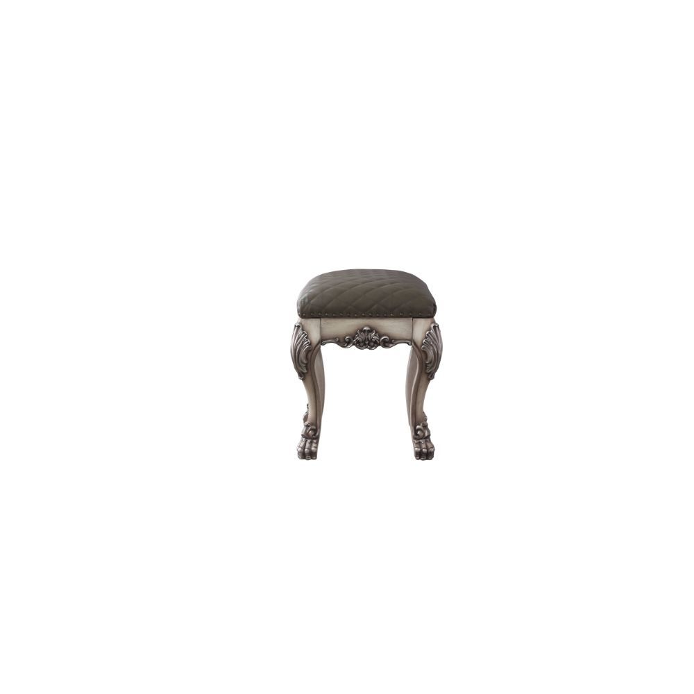 KD, Armless Stool (Backless) Stationary Seat Padded SEAT: PU () Raised Scrolled Moldings with Vintage Hand Brushed Contrast Finish (Poly-Resin) Backless Seat Construction: Wooden Scrolled Apron () Oversized Claw Leg Armless<br/><br/><b>Product Features</b