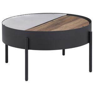 This sleek coffee table merges modern function with a minimalist aesthetic. Half of its circular center table top showcases tempered reeded glass, while the other half features a sliding wood surface crafted from engineered wood and scratch-resistant and 