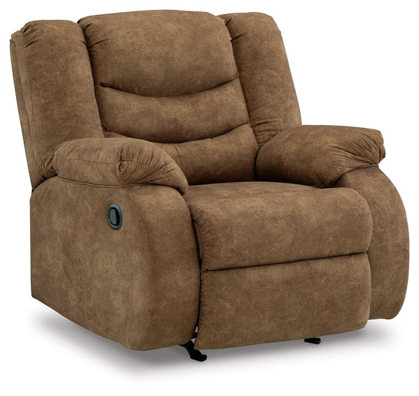  this set is a star in social spaces. Its warm brown faux leather is well-suited for mixing and matching with your existing pieces. Pull tab reclining keeps you and your companions covered