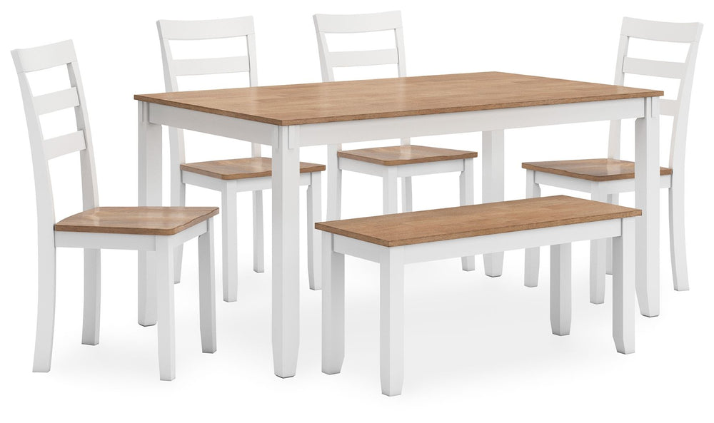 Complement your homeâ€™s simply relaxed sensibility with this dining table, chairs and bench. A crisp white hue offers a chic contrast to the natural wood tone, for a neutral look that vibes with a variety of aesthetics. Whether you-'re sipping your morni