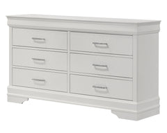 This bedroom set embodies a refined elegance with its crisp white hue and luxurious textures, perfect for creating a serene and sophisticated sanctuary. The centerpiece is a sumptuous bed framed by a headboard with diamond-tufted detailing, offering a tou