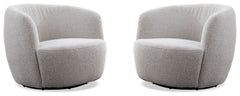 This swiveling accent chair updates your living room with a playful, modern look. It-'s made with a kiln-dried solid pine wood frame with a streamlined barrel silhouette. The design features a curved back with foam padding and a seat bolstered with sinuou