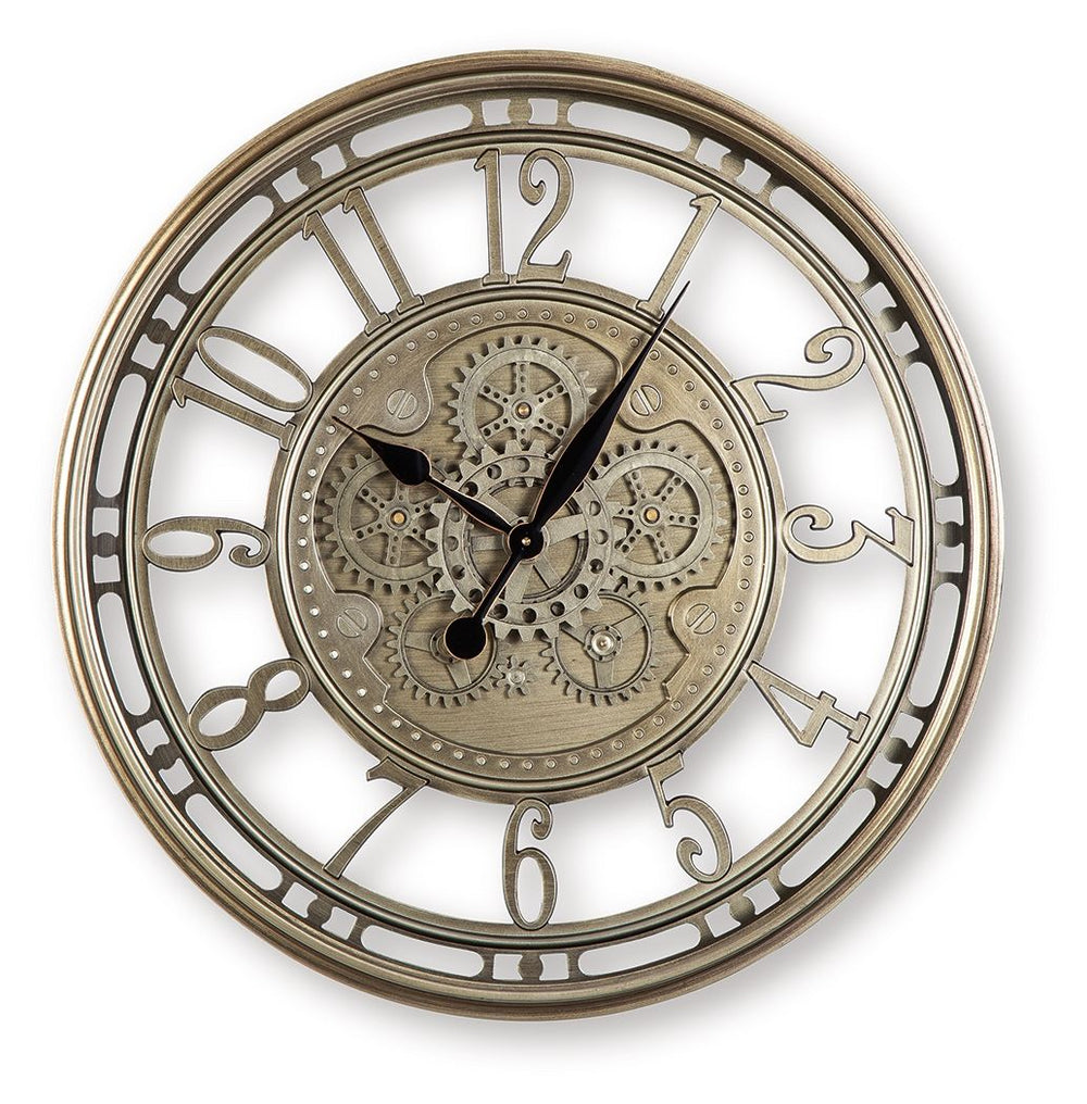 Gear up for greatness with this vintage-inspired wall clock. A champagne finish adds a touch of elegance, while the intricate moving gears offer a glimpse into the inner workings of time. It may look old, but it still runs like clockwork.<br/><br/><b>Prod