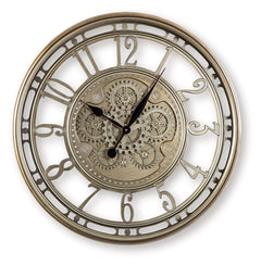 Gear up for greatness with this vintage-inspired wall clock. A champagne finish adds a touch of elegance, while the intricate moving gears offer a glimpse into the inner workings of time. It may look old, but it still runs like clockwork.<br/><br/><b>Prod