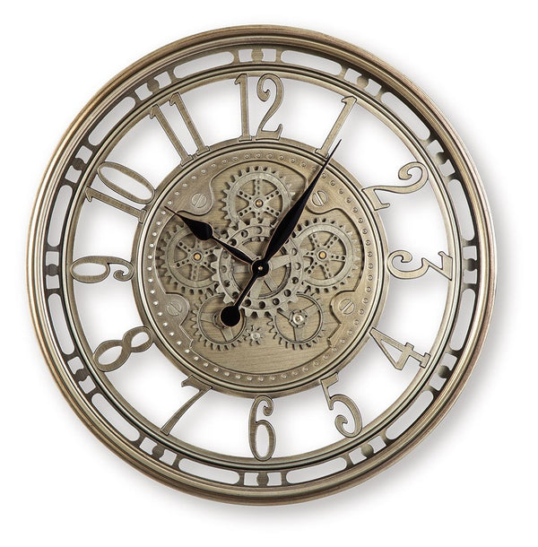 Gear up for greatness with this vintage-inspired wall clock. A champagne finish adds a touch of elegance, while the intricate moving gears offer a glimpse into the inner workings of time. It may look old, but it still runs like clockwork.<br/><br/><b>Prod