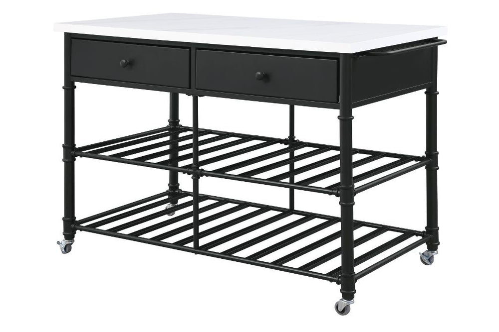 Give off a light and airy feel to a compact cooking space. The Emery Kitchen Island features a artificial stone top paired with two metal slatted shelves, creating a sleek, timeless silhouette that bring your kitchen an open feel. Two storage drawers and 