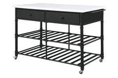 Give off a light and airy feel to a compact cooking space. The Emery Kitchen Island features a artificial stone top paired with two metal slatted shelves, creating a sleek, timeless silhouette that bring your kitchen an open feel. Two storage drawers and 