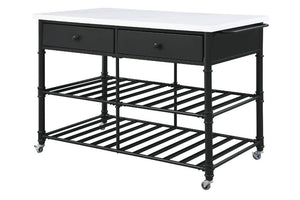 Give off a light and airy feel to a compact cooking space. The Emery Kitchen Island features a artificial stone top paired with two metal slatted shelves, creating a sleek, timeless silhouette that bring your kitchen an open feel. Two storage drawers and 