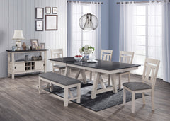 Create a warm and inviting dining space with this beautifully designed set that perfectly blends rustic charm with modern elegance. The two-tone finish features a striking dark tabletop with dual draw leaves contrasted with a soft, distressed base, adding