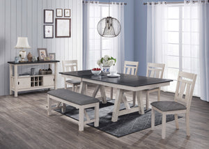 Create a warm and inviting dining space with this beautifully designed set that perfectly blends rustic charm with modern elegance. The two-tone finish features a striking dark tabletop with dual draw leaves contrasted with a soft, distressed base, adding