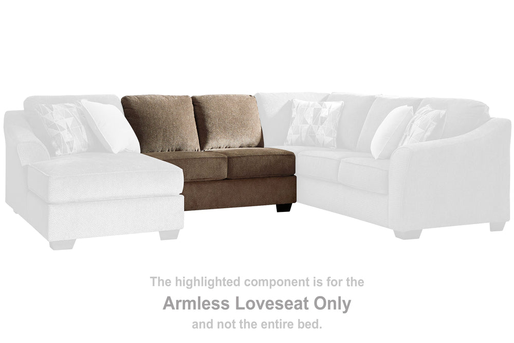 This armless loveseat is made with polyester upholstery. Pairs with other items in the series to make a sectional.<br><br><b>Additional Dimensions</b><br><ul><li>Leg height: 3-"</li><li>Minimum width of doorway for delivery: 32-"</li><li>Seat depth: 23-"<