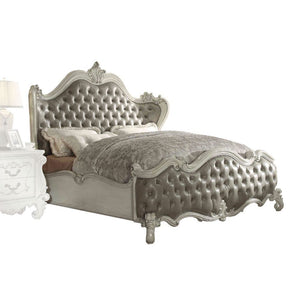 Sleep like royalty with this Versailles Bed Set. The bedroom set was inspired by old European design. The bed features carved scrollwork accent with nailhead trim Decor and tufted upholstery on both headboard and footboard. The accent pieces crafted in wo