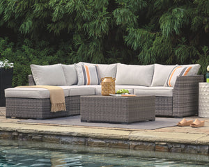  this decidedly clean and contemporary outdoor furniture set entices in an easy-breezy gray resin wicker over a rust-free alumi