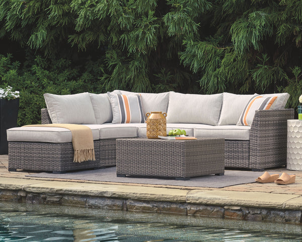  this decidedly clean and contemporary outdoor furniture set entices in an easy-breezy gray resin wicker over a rust-free alumi