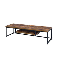 The Bob tv stand simply states that you are up with the times, with its industrial looks and the mixing of black metal with weathered oak. The thicker wood top is supported by lighter scaled black metal lags and an stretcher which assures for a sturdy sur