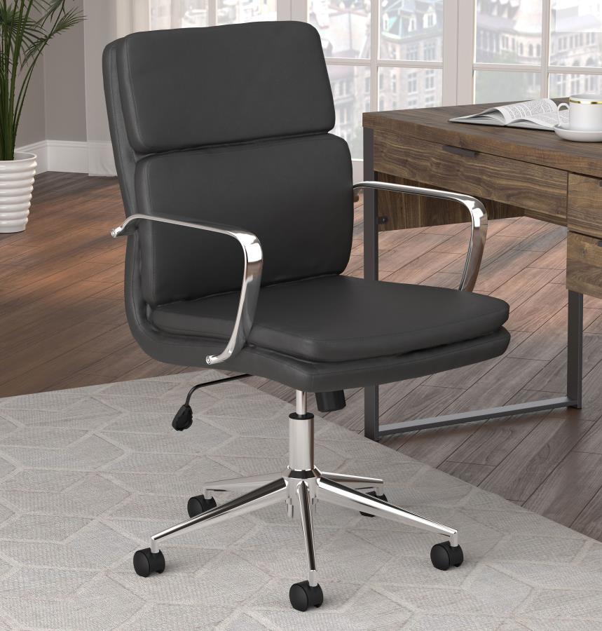 Work in modern comfort and style with this office chair. The sleek styling of the metal frame and arms displays a shiny chrome finish. This cushioned chair features a contoured mid-back design for excellent comfort in a lower profile silhouette. Your new 