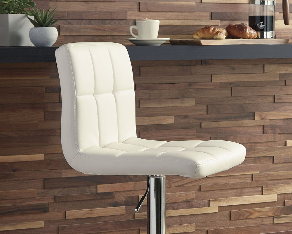 Here-'s a bar stool that rises to the occasion. It is sleek and modern with a chrome-tone finish. Square-tufted, bone-colored faux leather upholstery makes this bar stool pop. It easily adjusts from counter to pub height making it as versatile as it is at