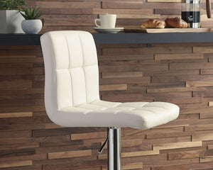  bone-colored faux leather upholstery makes this bar stool pop. It easily adjusts from counter to pub height making it as versatile as it is at