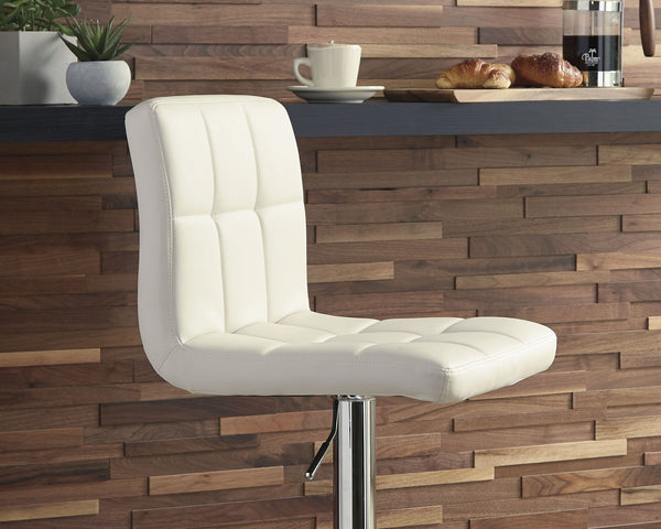  bone-colored faux leather upholstery makes this bar stool pop. It easily adjusts from counter to pub height making it as versatile as it is at
