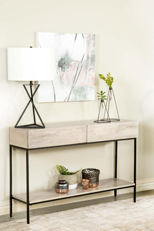 this contemporary console table offers both style and functionality. Crafted from eco-friendly solid mango wood in a whitewashed finish