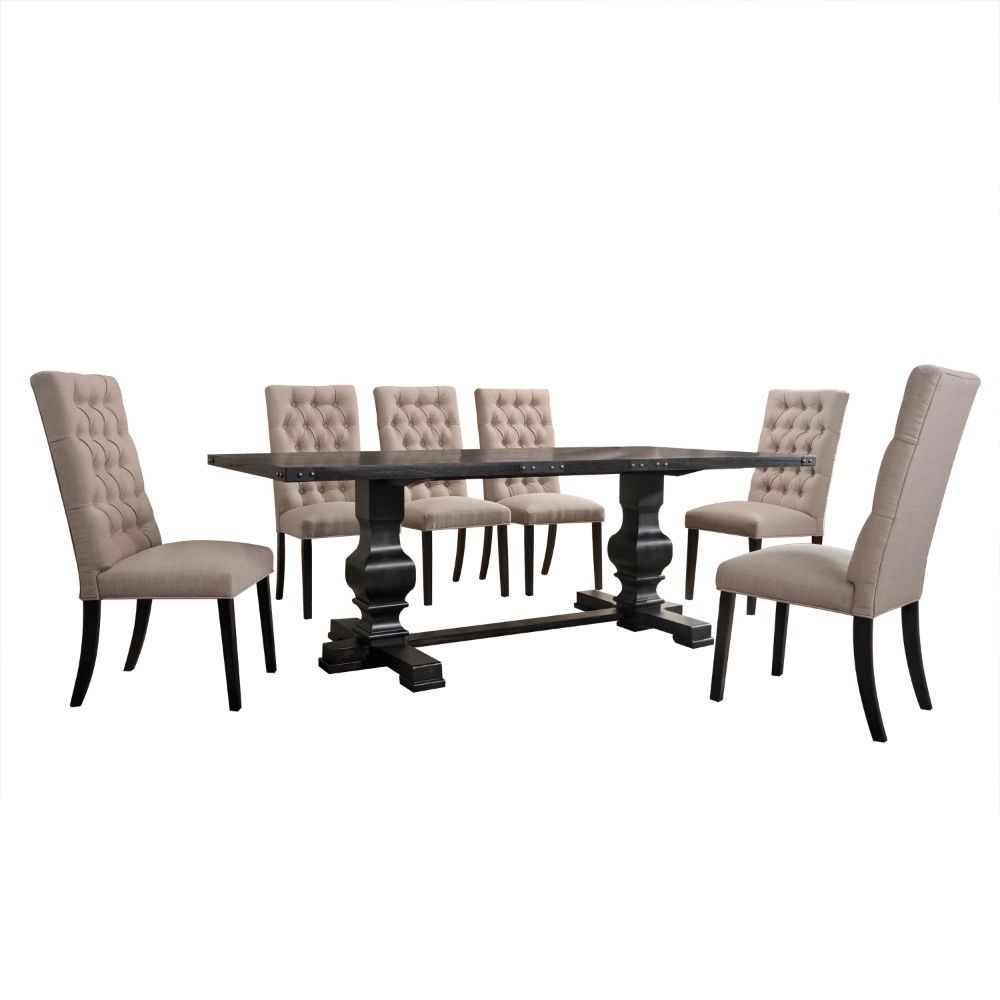 KD, Armless Parson Chair Button Tufted (Inside Backrest) Padded Seat & Back: Tan Linen Cushion w/Welt Trim Seat: Box Seat, Spring Construction, Foam 2.5-" CAFR Wooden Tapered Leg<br/><br/><b>Product Features</b><ul><li>Rectangular Trestle Table with Doubl