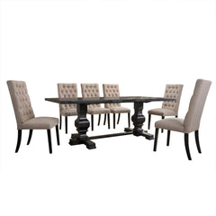 KD, Armless Parson Chair Button Tufted (Inside Backrest) Padded Seat & Back: Tan Linen Cushion w/Welt Trim Seat: Box Seat, Spring Construction, Foam 2.5-" CAFR Wooden Tapered Leg<br/><br/><b>Product Features</b><ul><li>Rectangular Trestle Table with Doubl