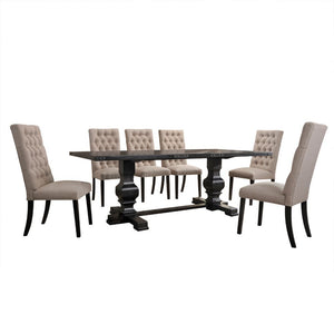 KD, Armless Parson Chair Button Tufted (Inside Backrest) Padded Seat & Back: Tan Linen Cushion w/Welt Trim Seat: Box Seat, Spring Construction, Foam 2.5-" CAFR Wooden Tapered Leg<br/><br/><b>Product Features</b><ul><li>Rectangular Trestle Table with Doubl