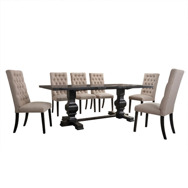 KD, Armless Parson Chair Button Tufted (Inside Backrest) Padded Seat & Back: Tan Linen Cushion w/Welt Trim Seat: Box Seat, Spring Construction, Foam 2.5-" CAFR Wooden Tapered Leg<br/><br/><b>Product Features</b><ul><li>Rectangular Trestle Table with Doubl