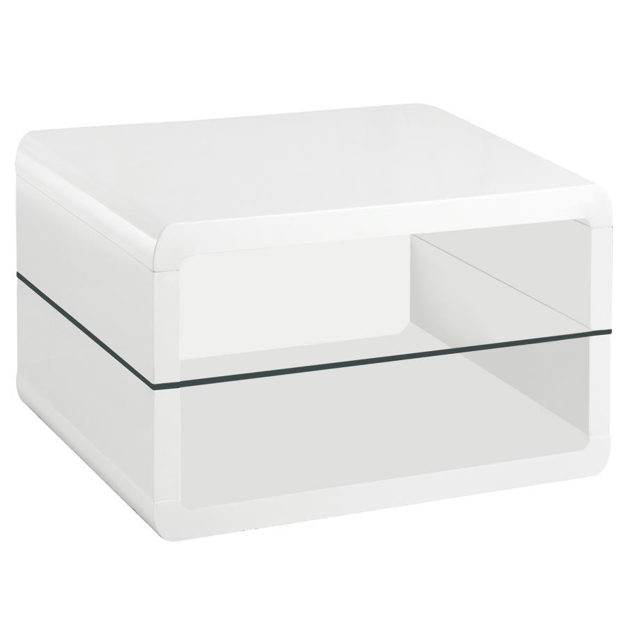 This ultra-modern square end table features a sleek white high-gloss finish and a clear tempered glass shelf for functional storage or display. Crafted from durable engineered wood, its rounded edges lend a contemporary touch while ensuring lasting qualit