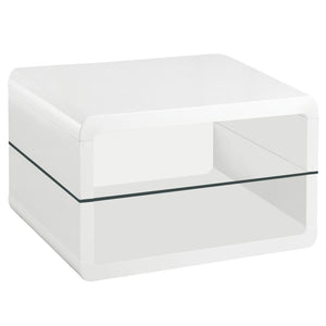 This ultra-modern square end table features a sleek white high-gloss finish and a clear tempered glass shelf for functional storage or display. Crafted from durable engineered wood, its rounded edges lend a contemporary touch while ensuring lasting qualit
